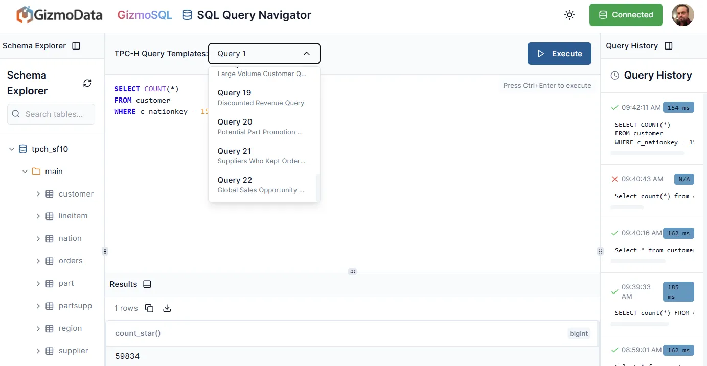 GizmoSQL mostrando resultados de consulta à tabela de clientes: 60.000 registros retornados em 154 ms