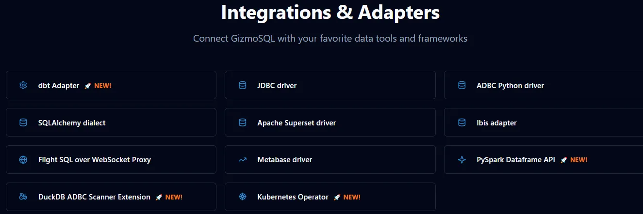 Integrações e adaptadores do GizmoSQL