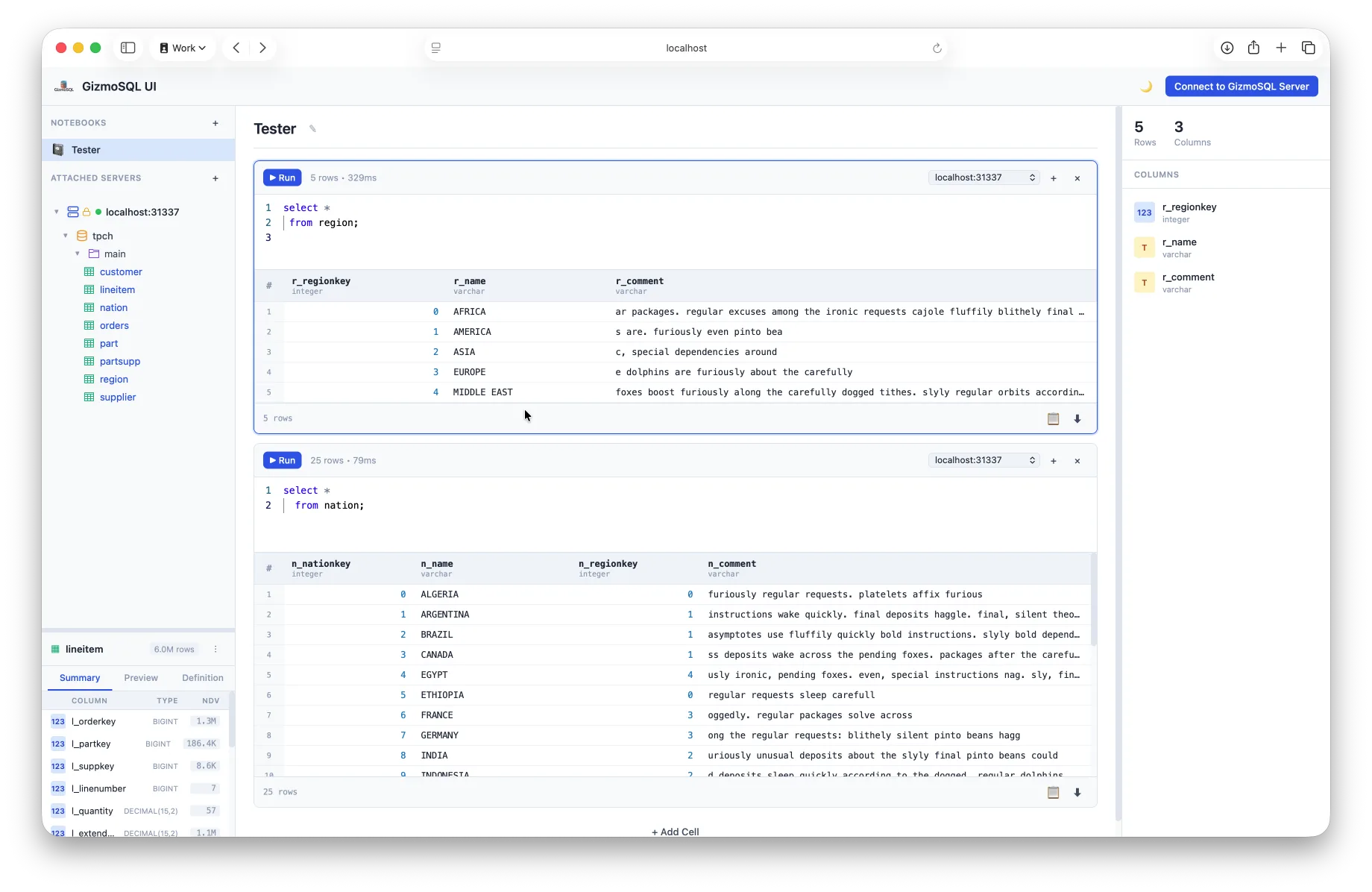 GizmoSQL UI — editor SQL Monaco, navegador de esquemas e grade de resultados conectados a um servidor GizmoSQL