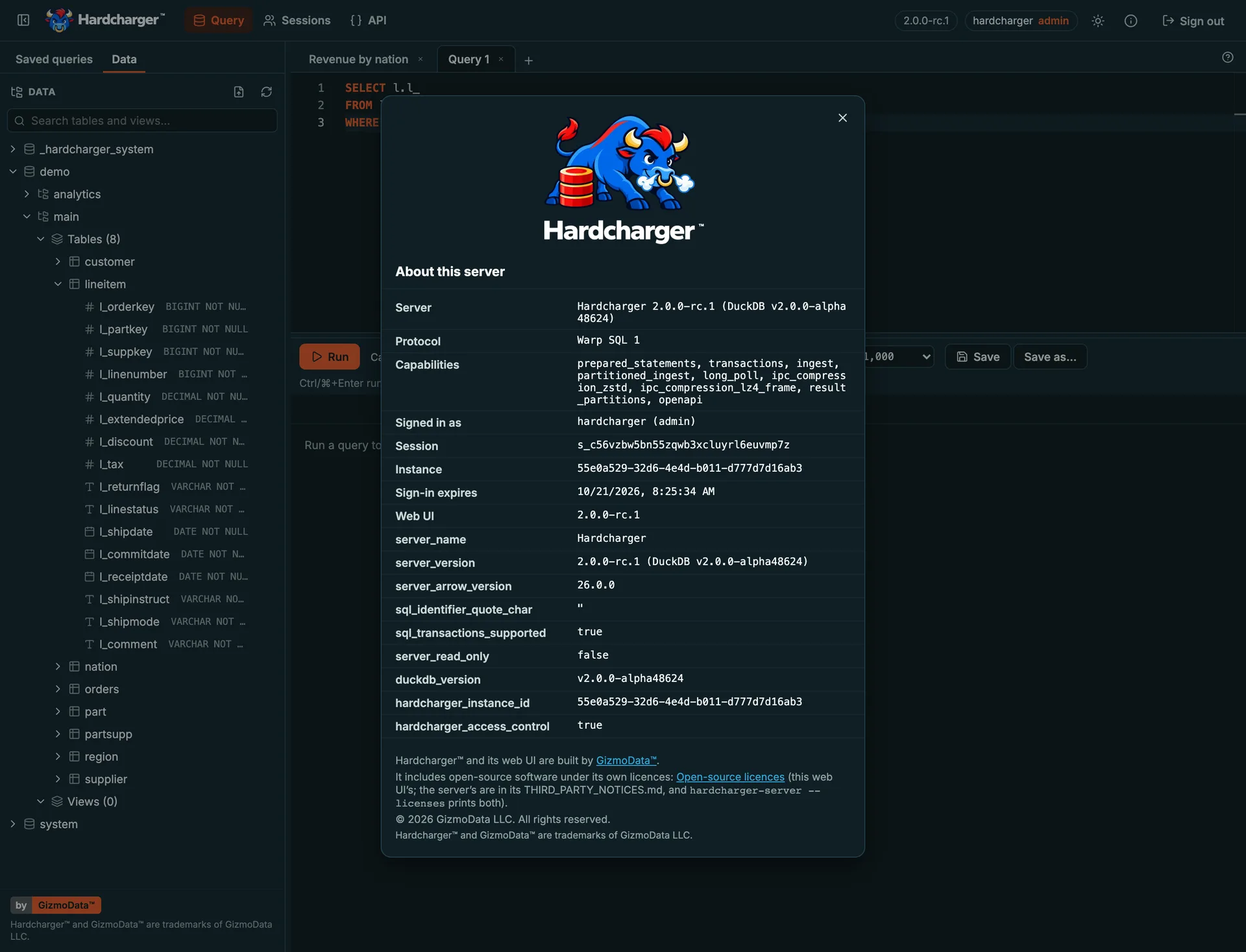 Interface web do Hardcharger: a janela About com o touro do Hardcharger