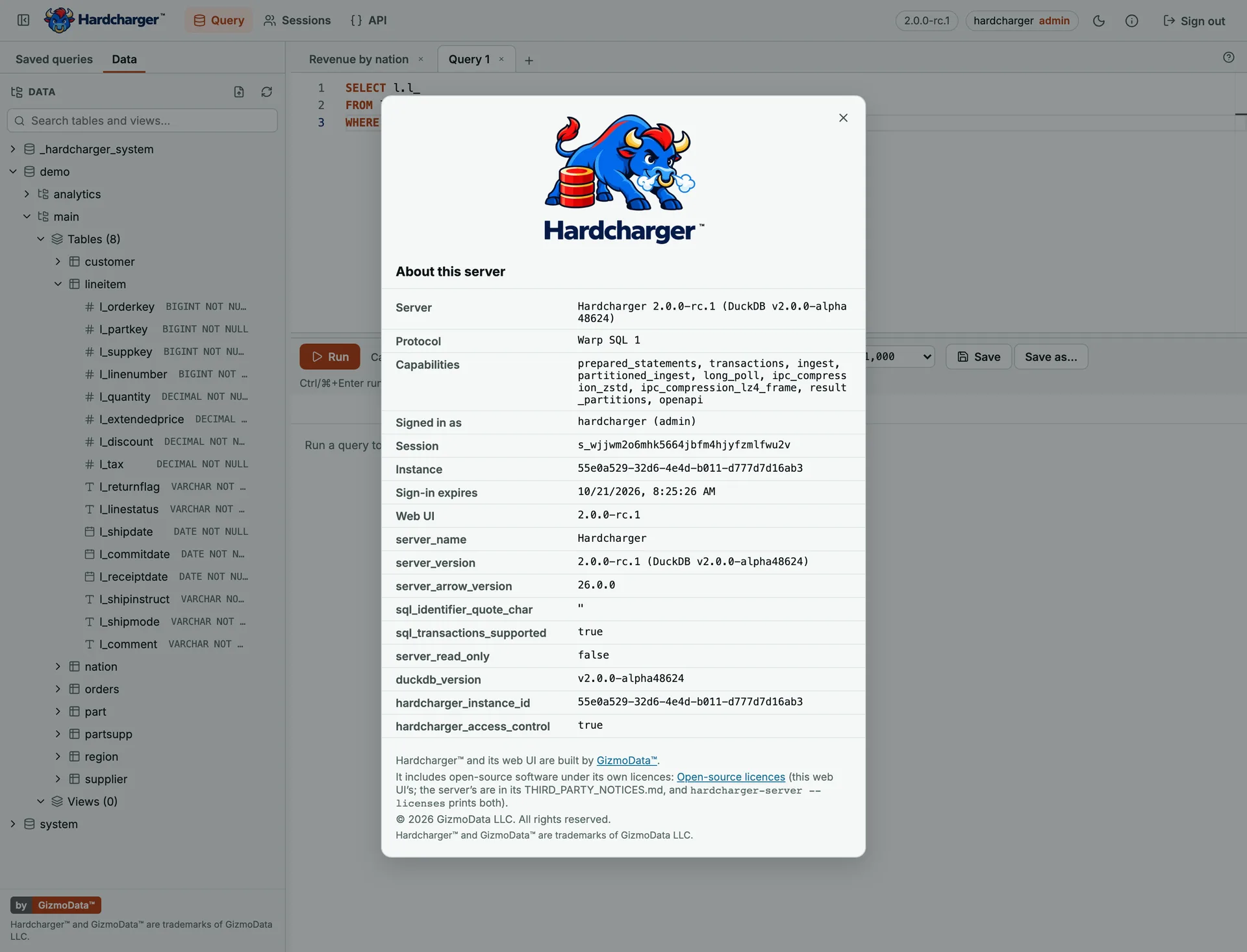 Interface web do Hardcharger: a janela About com o touro do Hardcharger