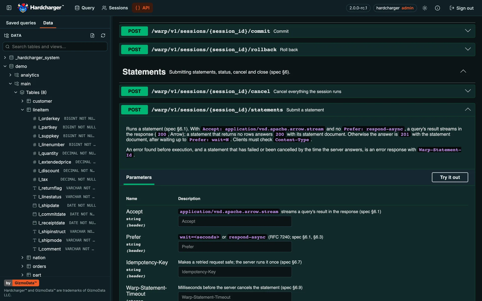 Interface web do Hardcharger: a página API, a API Warp SQL do servidor no Swagger UI