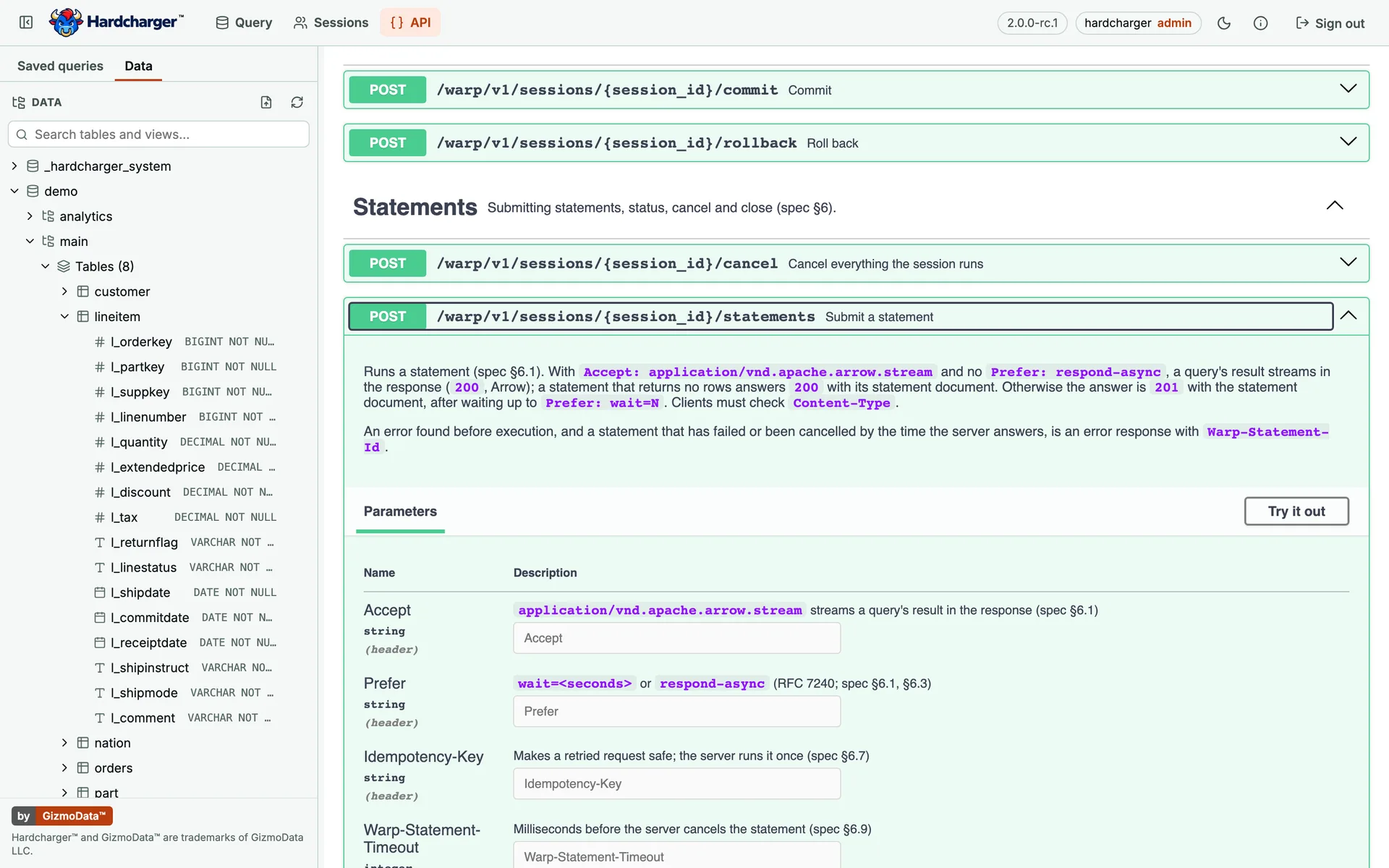 Interface web do Hardcharger: a página API, a API Warp SQL do servidor no Swagger UI