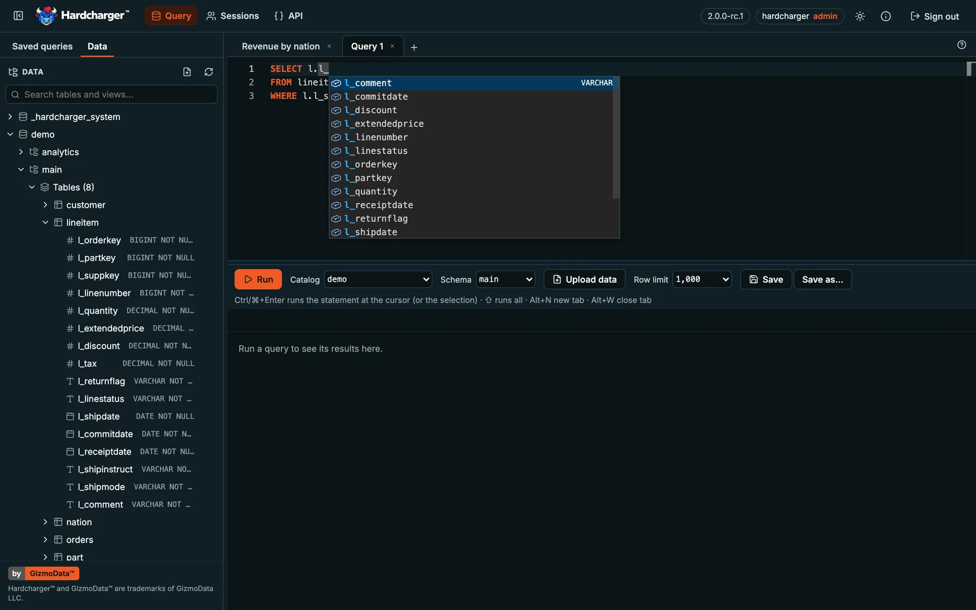 Interface web do Hardcharger: o autocompletar sugerindo colunas e tabelas no editor SQL
