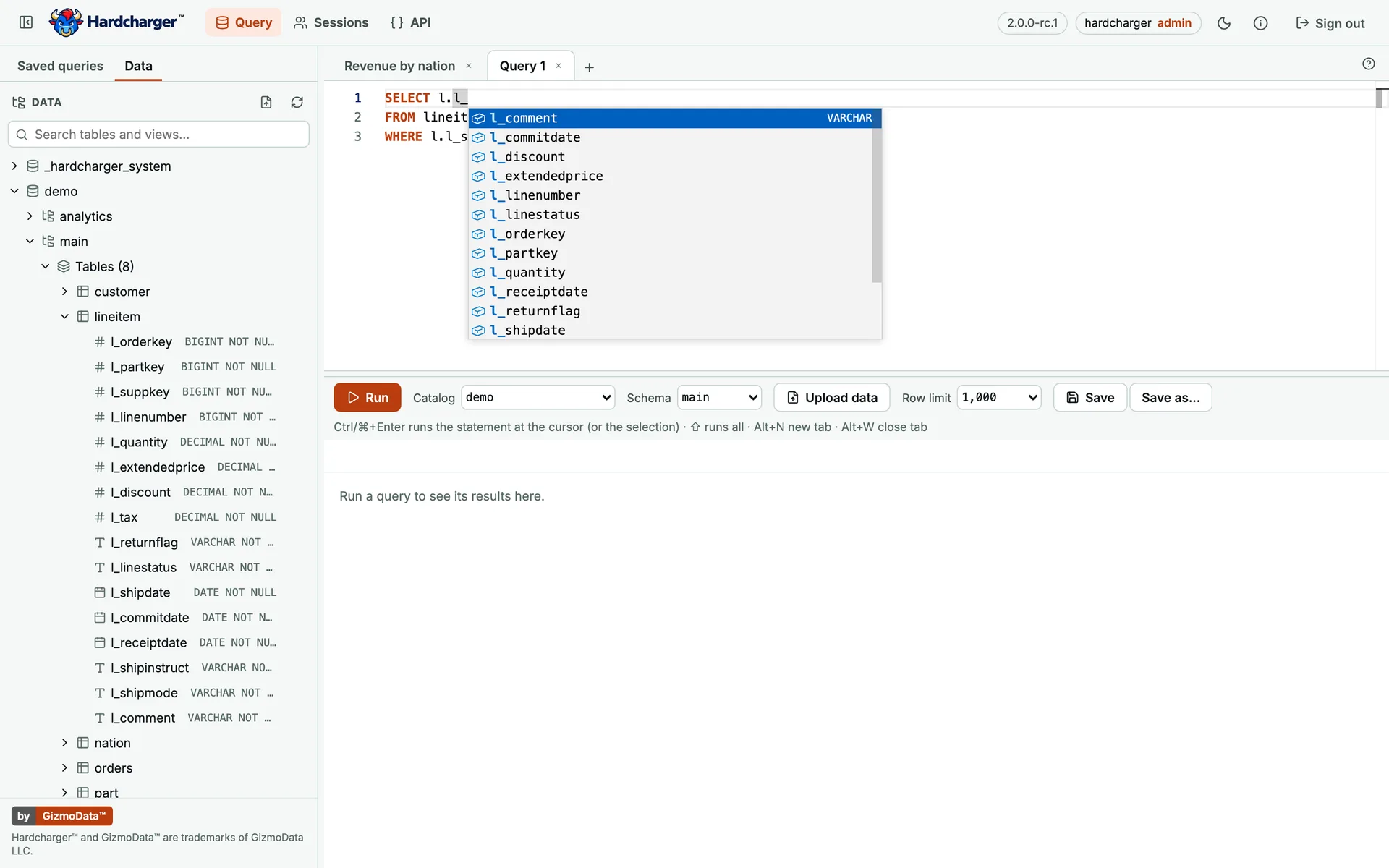 Interface web do Hardcharger: o autocompletar sugerindo colunas e tabelas no editor SQL