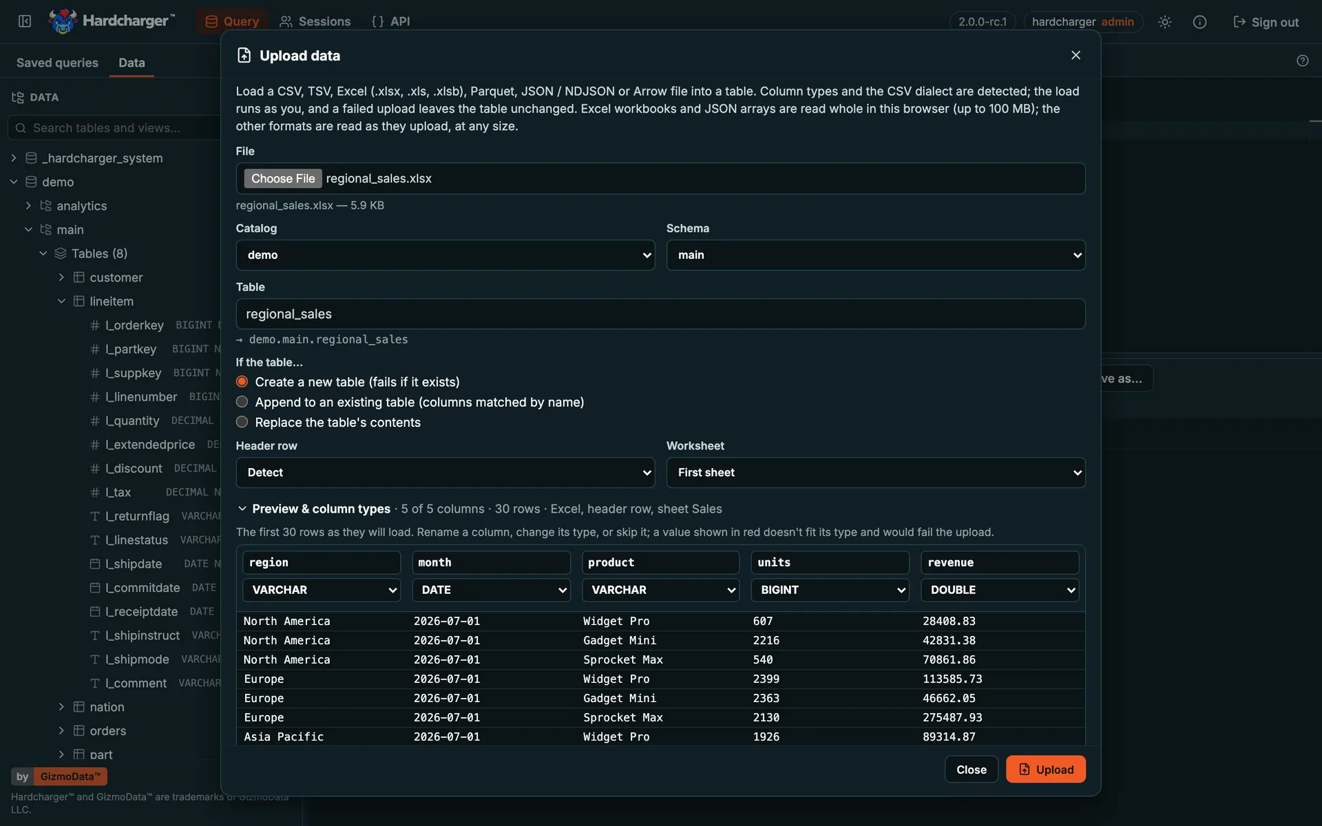 Interface web do Hardcharger: a janela Upload data com a prévia das colunas e dos tipos de uma pasta de trabalho do Excel