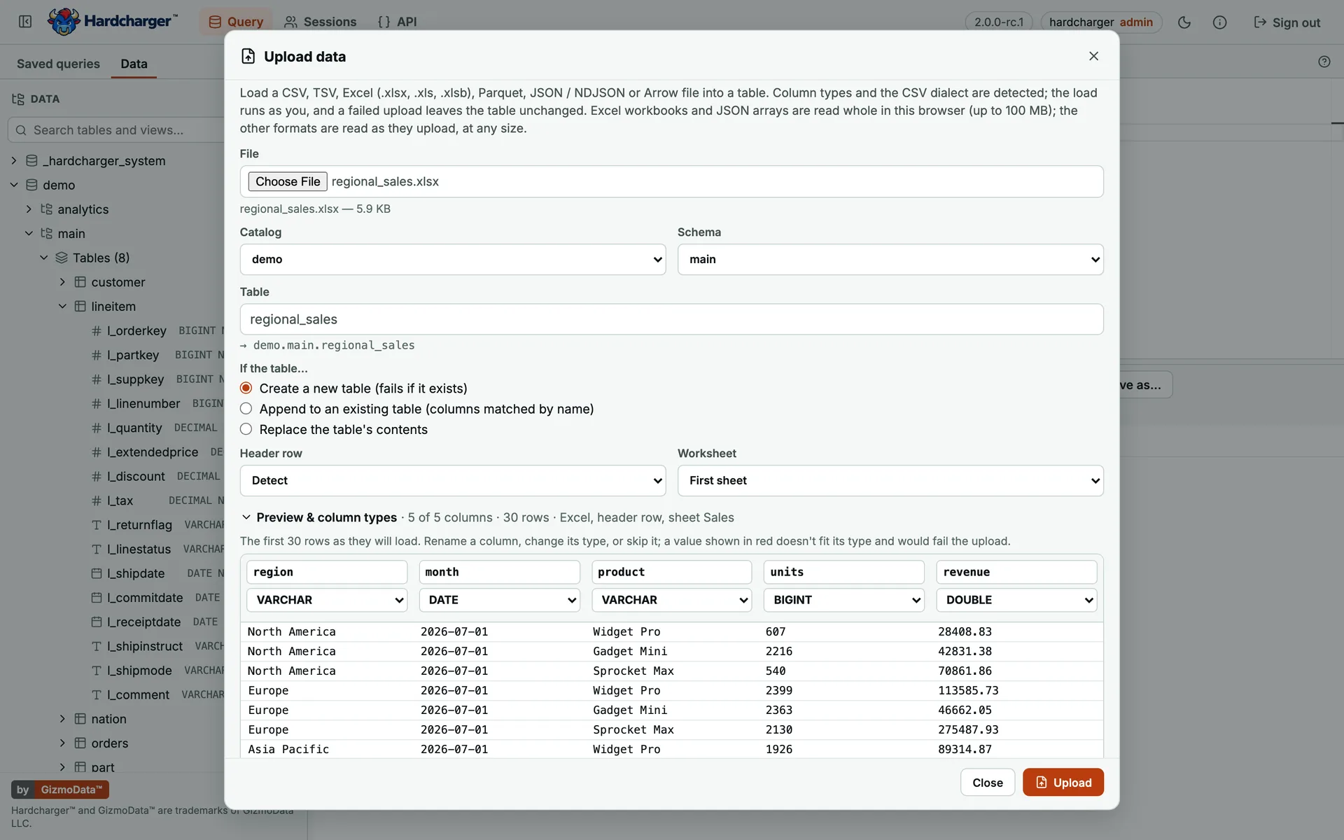 Interface web do Hardcharger: a janela Upload data com a prévia das colunas e dos tipos de uma pasta de trabalho do Excel