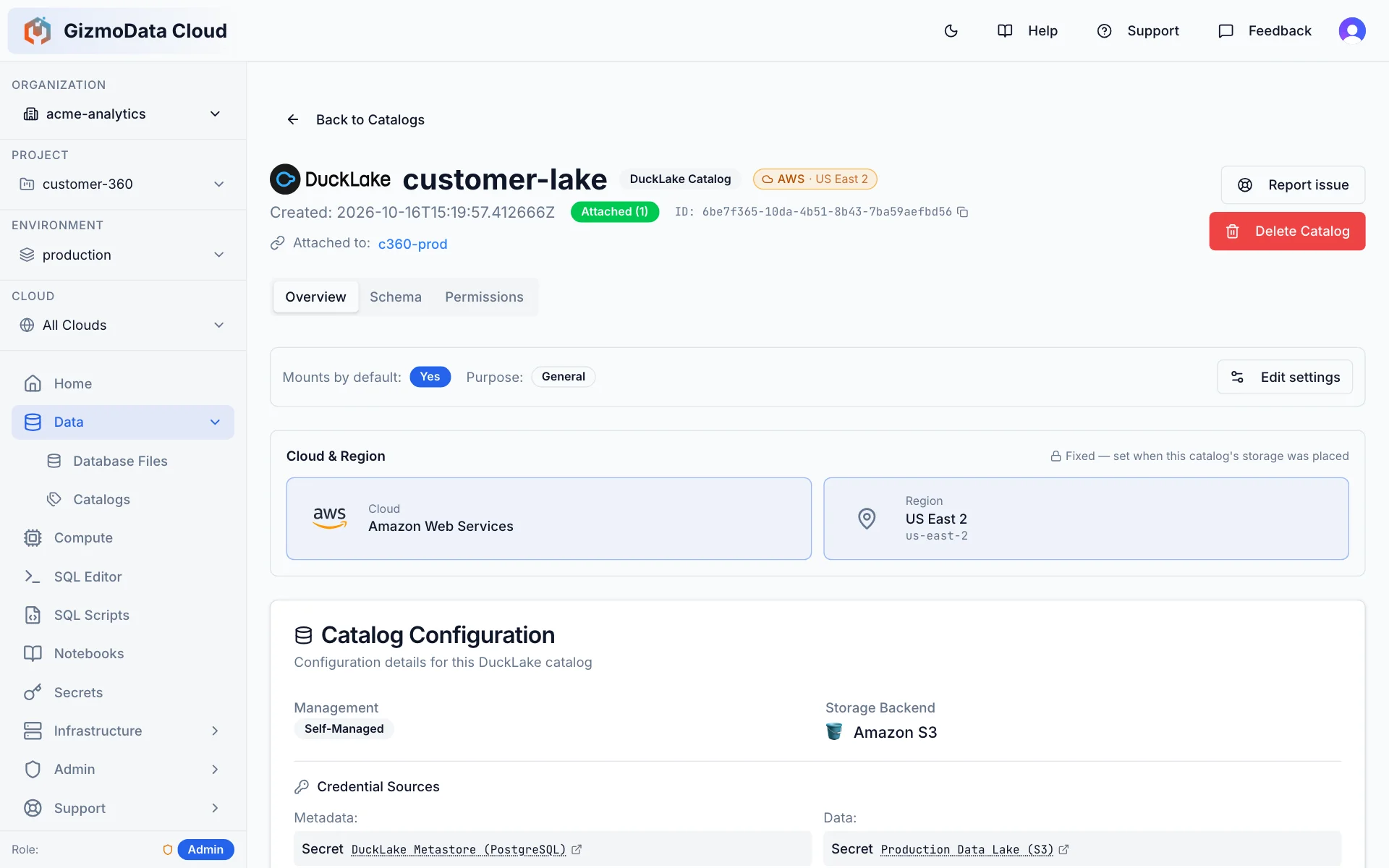 Página de detalhes de um catálogo DuckLake no GizmoData Cloud, na AWS US East 2, com nuvem e região, backend de armazenamento e origens das credenciais de metadados e dados