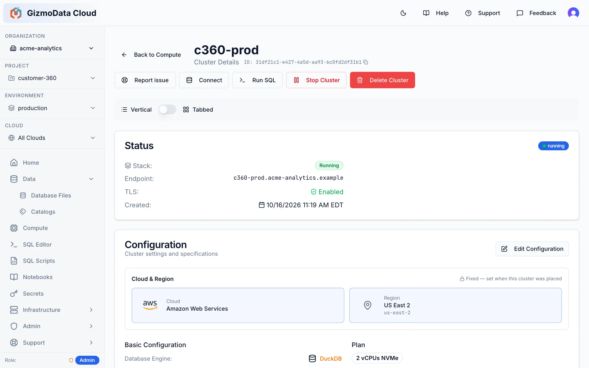 Página de detalhes de um cluster GizmoSQL em execução no GizmoData Cloud, com status, endpoint com TLS e nuvem e região: Amazon Web Services, US East 2