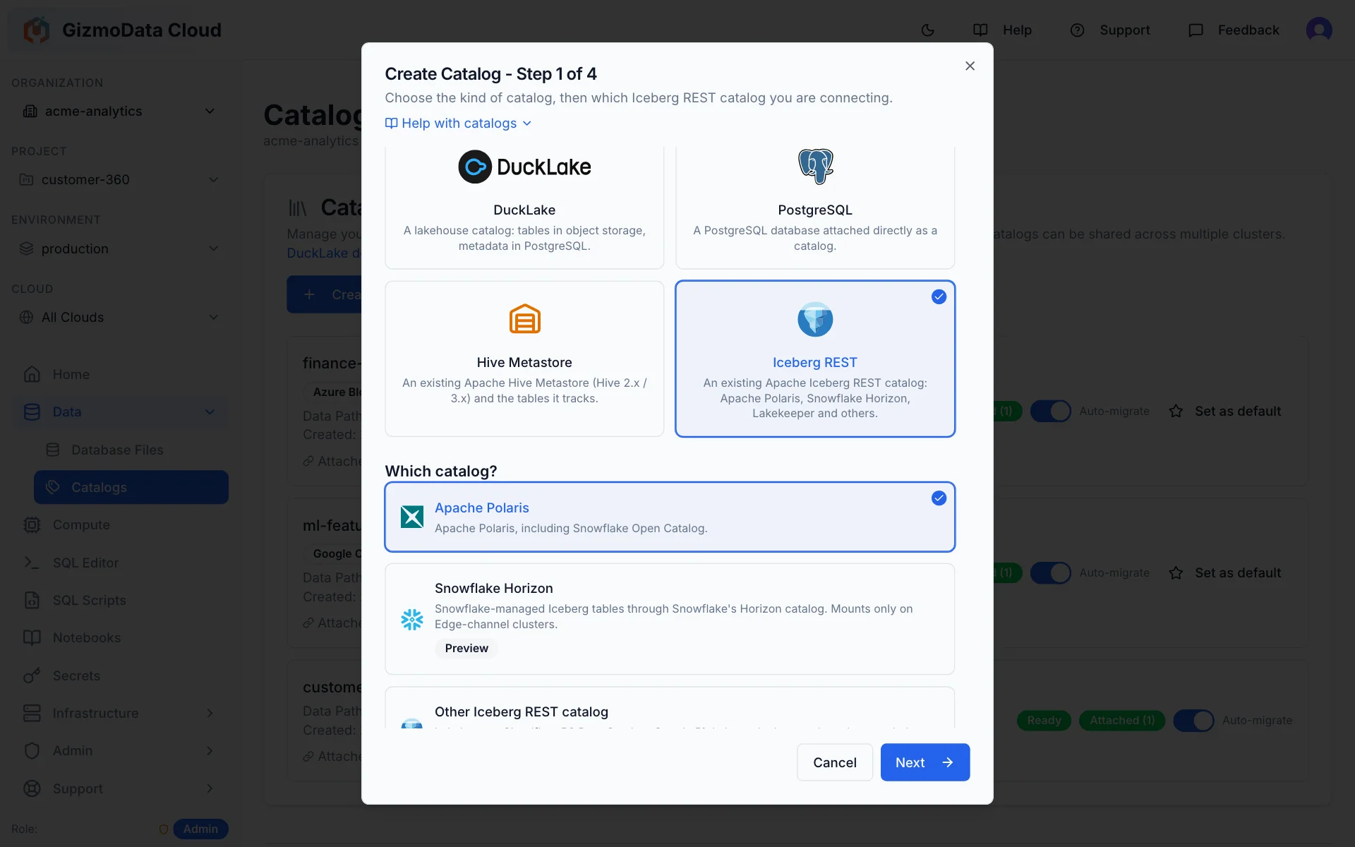 Assistente de criação de catálogo, etapa 1: Iceberg REST selecionado ao lado de DuckLake, PostgreSQL e Hive Metastore, com a opção de catálogo Apache Polaris, Snowflake Horizon (prévia) ou outro catálogo REST Iceberg