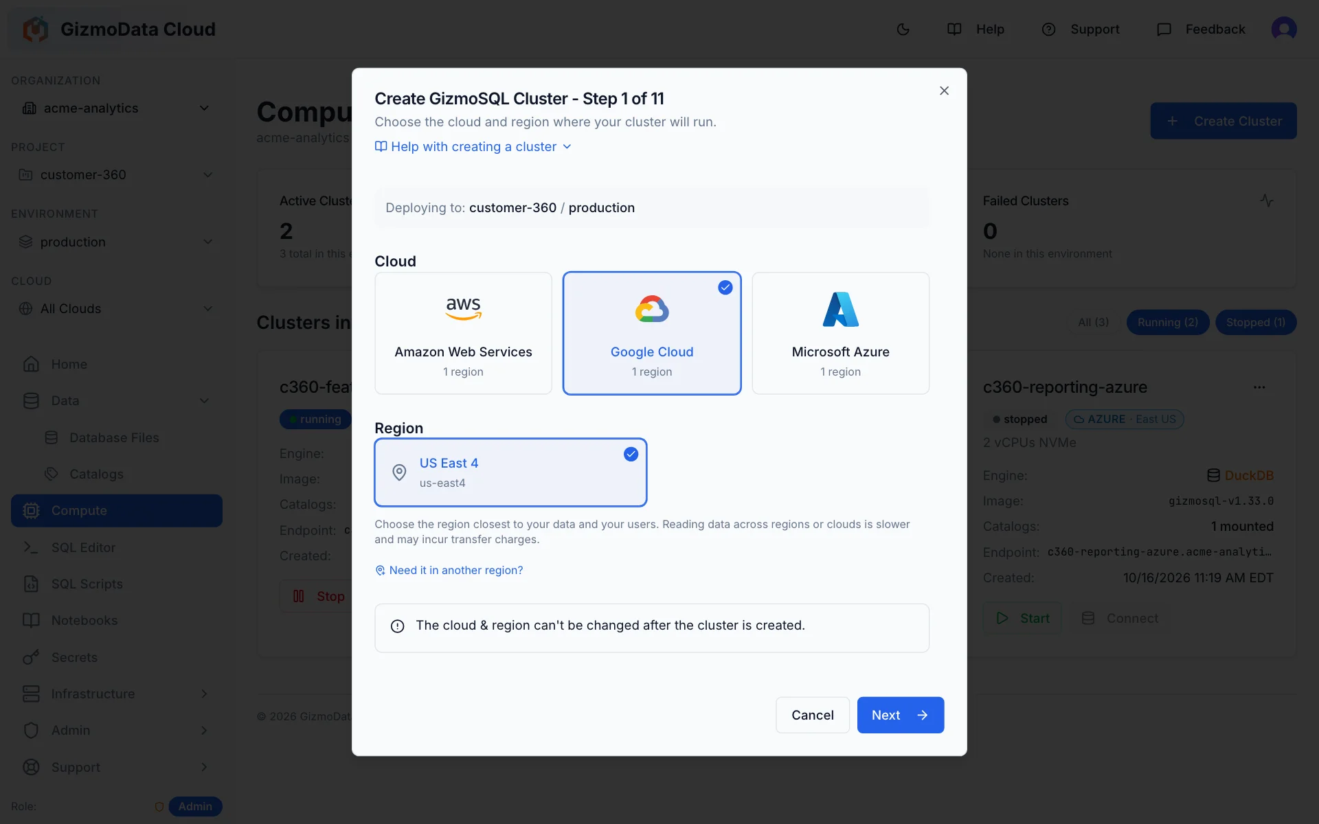 Assistente de criação de cluster do GizmoData Cloud, etapa 1 de 11: Google Cloud selecionado entre AWS, Google Cloud e Microsoft Azure, com região US East 4