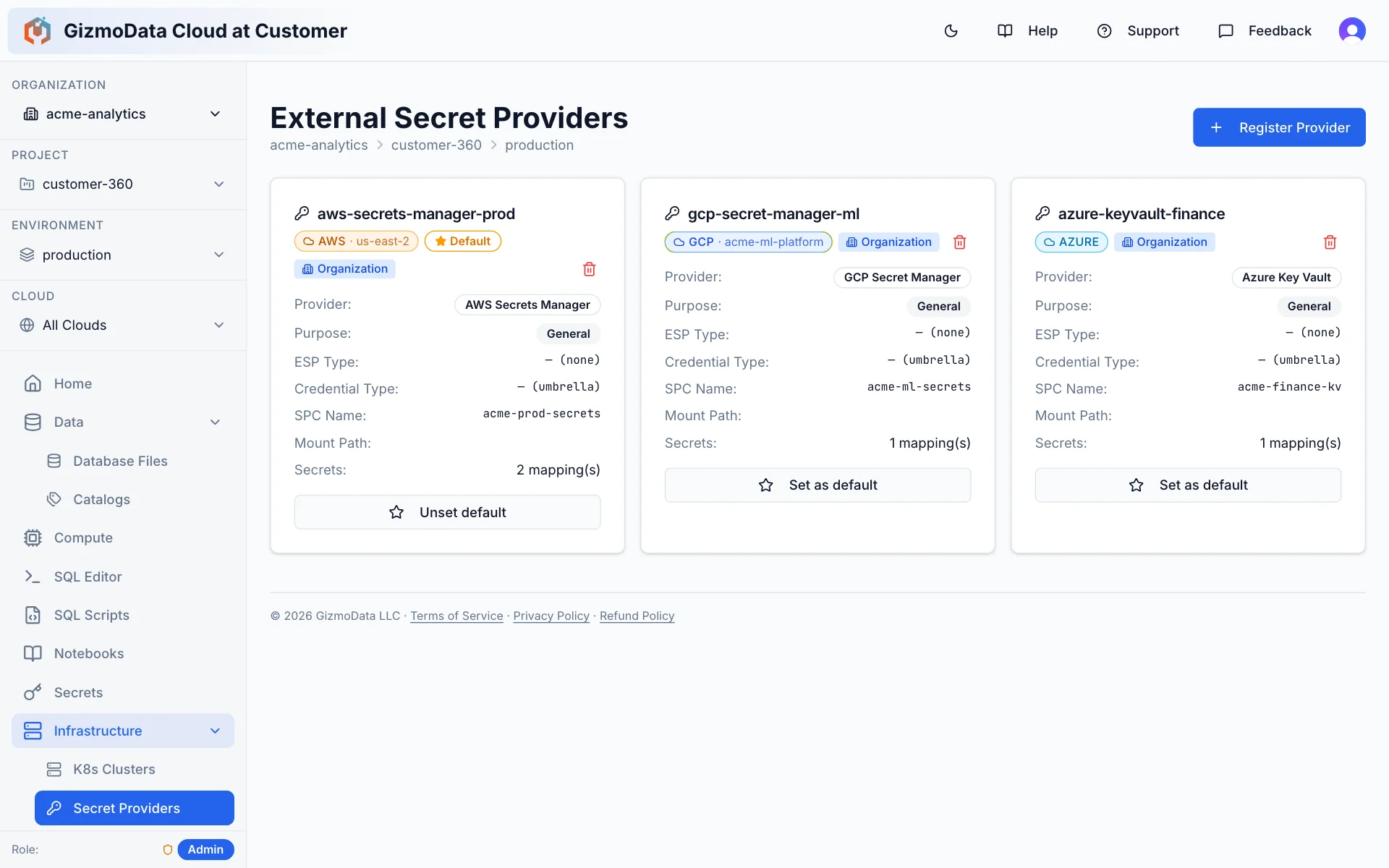 Página de provedores externos de segredos do GizmoData Cloud at Customer com provedores AWS Secrets Manager, GCP Secret Manager e Azure Key Vault cadastrados no escopo da organização