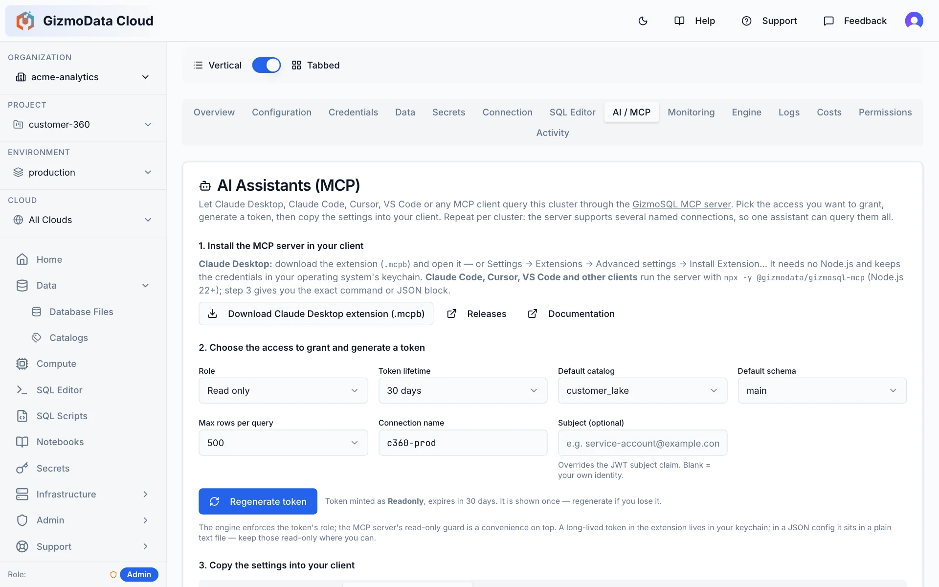 Aba AI / MCP de um cluster no GizmoData Cloud: instalação do servidor MCP do GizmoSQL, seleção de papel somente leitura, validade de token de 30 dias, catálogo padrão customer_lake e esquema main, e geração de token