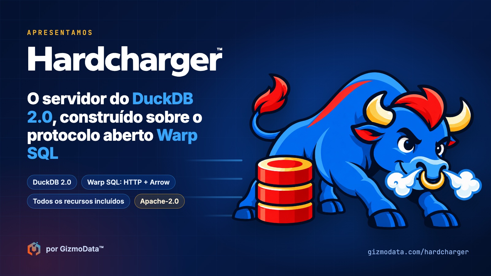 O touro do Hardcharger, um touro azul em investida com um banco de dados vermelho, ao lado do logotipo do Hardcharger e da frase: o servidor do DuckDB 2.0, construído sobre o protocolo aberto Warp SQL. DuckDB 2.0, Warp SQL: HTTP + Arrow, todos os recursos incluídos, Apache-2.0. Por GizmoData.