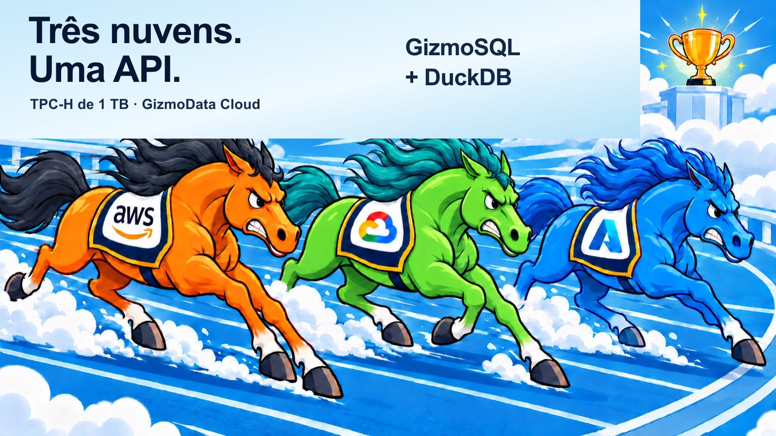 Três cavalos de corrida ilustrados, nas cores laranja da AWS, verde do Google e azul do Azure, disputam uma prova com a frase “Três nuvens. Uma API.” GizmoSQL + DuckDB, TPC-H de 1 TB no GizmoData Cloud